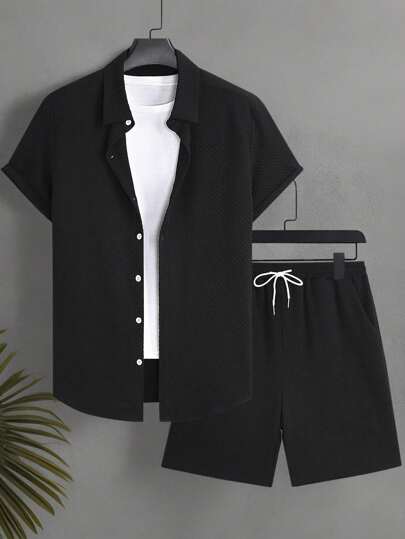 Manfinity KASUA Herrset med enfärgat, kortärmat, enkelknäppt skjorta och shorts för stranden