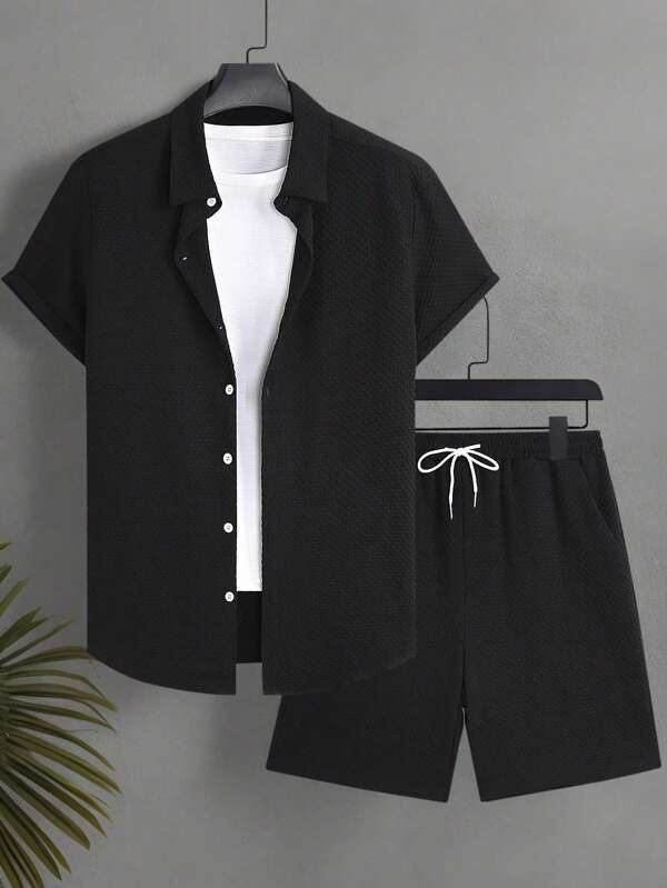 Manfinity KASUA Conjunto de camisa de manga corta de un solo pecho de unicolor y shorts para playa para hombre