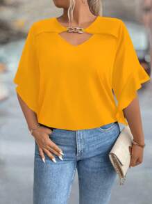 EMERY ROSE 大码镂空领口荷叶边袖纯色衬衫 - 黃色 - 查看 3