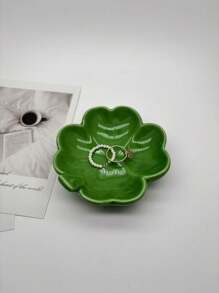 Ceramic Jewelry Tray With Floral Design, Tabletop Multipurpose Organizer For Cosmetics And Accessories, Nordic Style Clover Leaf And Leaf Shaped Storage Box For Engagement, Wedding, Birthday Gifts - 1pc, Jewelry Trays Gifts For Women - Green - View 4