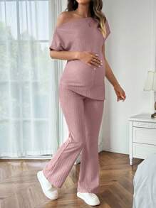 SHEIN 2pcs Maternity Asymmetrical Neck T-Shirt And Long Pants Set - Pink - View 5