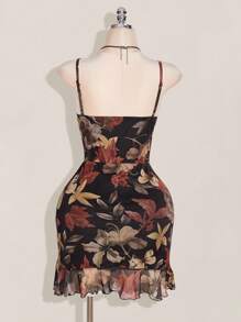 SHEIN ICON Vestido con cuello cuadrado con volantes, estampado de hojas de arce, con abertura frontal, talla grande, adecuado para verano, otoño, vuelta al colegio, vacaciones de verano - Multicolor - Ver 2