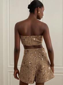 Revavyn Bộ 2 món: Áo ống thêu sequin màu nâu và vàng + quần short thanh lịch bằng vải tuýt dành cho nữ - Cà phê nâu - Xem 2