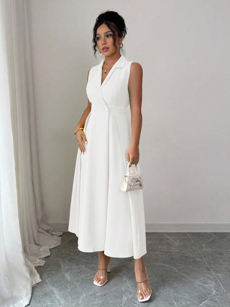 Elenzga Elegant Casual Sleeveless Turndown Collar Button Up Dress For Women - White - View 6