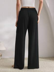 Ocili 休闲柔软舒适棉质垂坠阔腿裤，带口袋，女士家居服，秋季 - 黑色 - 查看 2