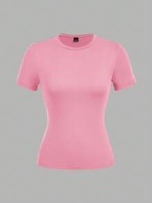 SHEIN EZwear 3件套女士休闲紧身圆领长袖T恤套装，浅蓝色，浅粉色，白色，适合夏季