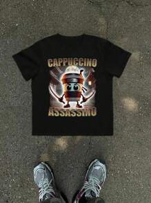 Camiseta divertida italiana "Cappuccino Assassin", camiseta de cuello redondo para hombres con estampado de meme de café - Negro - Ver 1