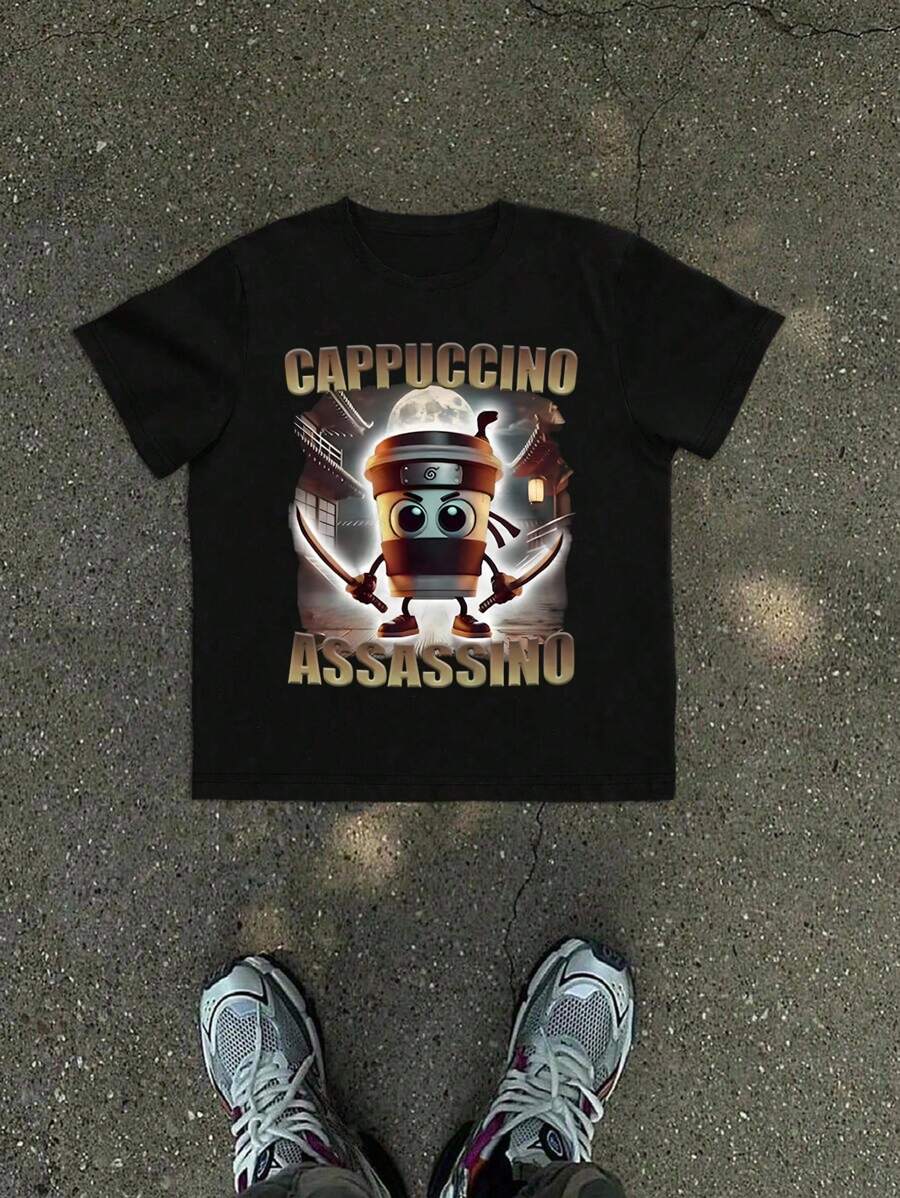 Camiseta divertida italiana "Cappuccino Assassin", camiseta de cuello redondo para hombres con estampado de meme de café - Negro - Ver 1
