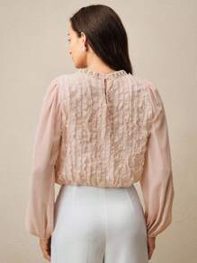 Anewsta New Spring/Summer Pearl & Rhinestone Embellish Loose Lantern Sleeve Blouse For Women - Pink - View 2