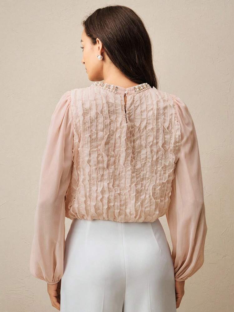 New Spring/Summer Pearl & Rhinestone Embellish Loose Lantern Sleeve Blouse For Women