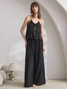 Ocili Satin Camisole Layered Tie Strap Women Sleepwear Top - Black - View 4