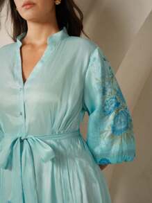 Anewsta 大码女式长款前开式数码印花休闲度假百搭中长连衣裙