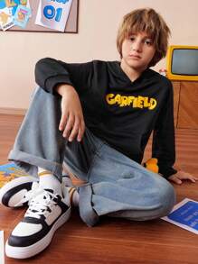 GARFIELD | SHEIN 男童卡通图案黑色休闲口袋卫衣，适合春秋冬季穿着 - 黑色 - 查看 6