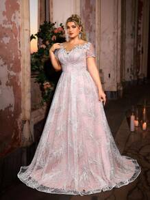 Glamrae Gaun Pengantin/Prom Musim Semi Elegan Ukuran Plus Warna Merah Muda Pucat, Bordir Jala, Leher Perahu, Aplikasi Tulang Ikan, Rok Berlipit Mengembang dengan Ekor untuk Pengantin - Putih - View 1