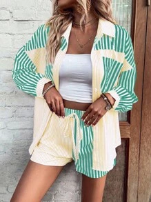 Breezaya Conjunto De Camiseta De Manga Corta Y Pantalones Sueltos Con Diseño De Bloques De Color A Rayas, Botones Al Frente Y Bolsillos Con Parche - Multicolor - Ver 3