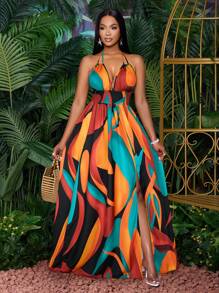 SOLERSUN 女式休闲假日深 V 领露背褶饰开衩大腿长裙，带植物印花 - 紅色 - 查看 6