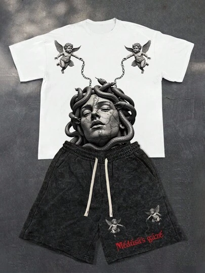 PAVTROS Manfinity Streetrush 2pcs/Set Men Portrait & Slogan Graphic Print Casual Round Neck Short Sleeve T-Shirt And Drawstring Waist Shorts, Street Style For Summer