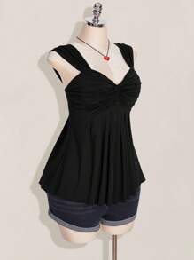 SHEIN ICON 大码女式黑色扭纹前部无袖娃娃裙针织上衣，Y2K 风格，适合毕业、返校、夏季 - 黑色 - 查看 5