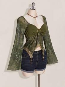 SHEIN ICON Women's Bohemian Holiday Paisley Print T-Shirt, Asymmetric Hem, Bell Sleeves, Vintage Y2k, Fall Boho Tops For Women Olive Green Top Paisley Top Bohemian Top Bell Sleeve Top,Back To School Bohemian Tops