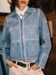 Easelle 女士休闲花卉刺绣牛仔夹克，适合春秋季 - 藍色 - 查看 5
