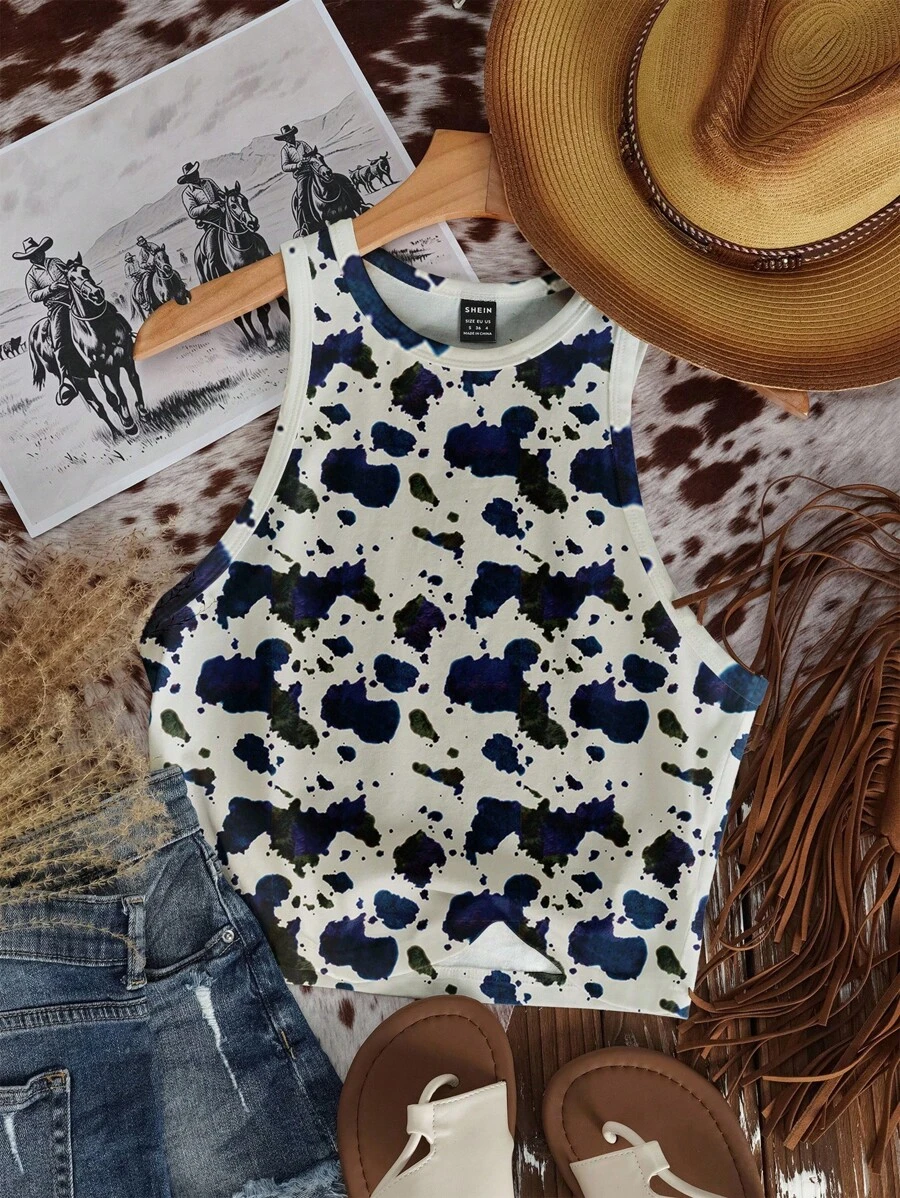 SHEIN EZwear 休闲简约奶牛图案圆领修身女式背心,适合夏季 - 彩色 - 查看 1