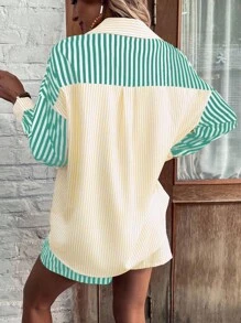 Breezaya Conjunto De Camiseta De Manga Corta Y Pantalones Sueltos Con Diseño De Bloques De Color A Rayas, Botones Al Frente Y Bolsillos Con Parche - Multicolor - Ver 2