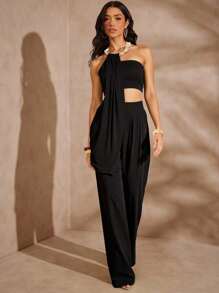 Hauture Pantalones casuales de mujer de pierna ancha y bolsillo en diagonal, de unicolor y holgados - Negro - Ver 5