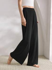Ocili 休闲柔软舒适棉质垂坠阔腿裤，带口袋，女士家居服，秋季 - 黑色 - 查看 5