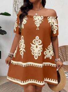 EMERY ROSE 大码复古印花露肩休闲度假中长连衣裙 - 棕色 - 查看 3