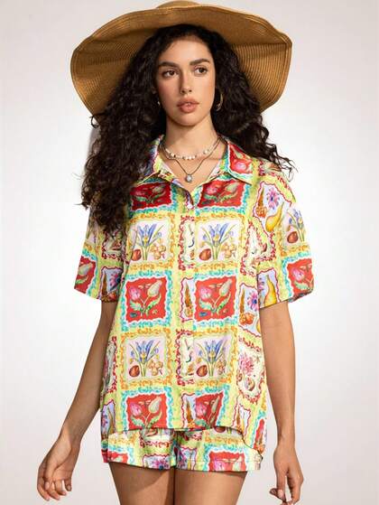 SHEIN Touch of Art Joris Hoefnagel 女士装饰画花卉图案休闲衬衫，度假、居家、夏季