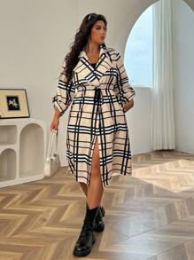 SHEIN EZwear Áo gió dài tay cổ bẻ in họa tiết kẻ caro thời trang thu đông cỡ lớn cho nữ - Nhiều màu - Xem 7