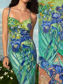 SHEIN Touch of Art Van Gogh Iris, Women's Long Dress, Swing Neck Dress, Halter Dress, Backless, Slits, Blue, Green, Oil Painting Pattern, Sexy, High Elastic Retro Pattern, Vacation, Summer - Blue - View 1