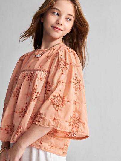 Maija Kids Maija Kids Tween Girls' Oversized Embroidered Blouse, Shirt, Top, Back To School, Summer Tops, Y2K, Clothes, Blouses For Girls, Fall, Vacation, Boho Tops