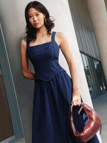 Daynim Women Solid Color A-Line Denim Skirt, Casual - Dark Wash - View 2