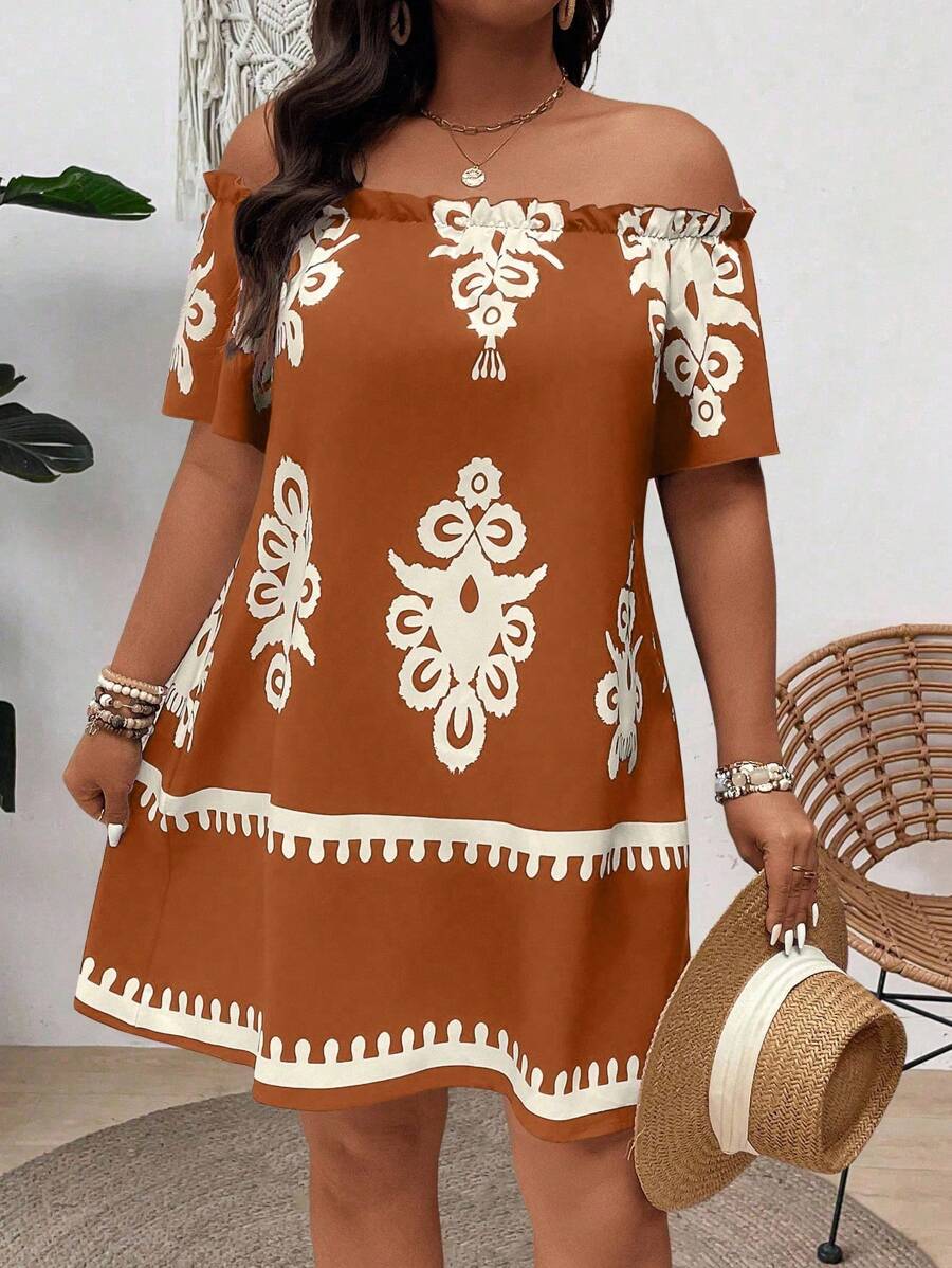 EMERY ROSE 大码复古印花露肩休闲度假中长连衣裙 - 棕色 - 查看 1