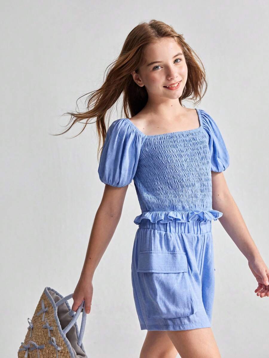 Ontre Set 2 piese pentru fete preadolescente: cămașă cu mâneci bufante și volane și pantaloni scurți cargo