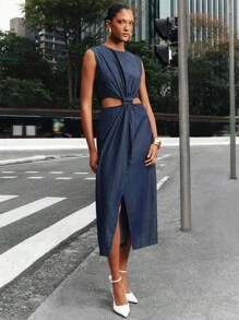 Daynim 女士无袖镂空直筒牛仔连衣裙 - 深色水洗藍 - 查看 3