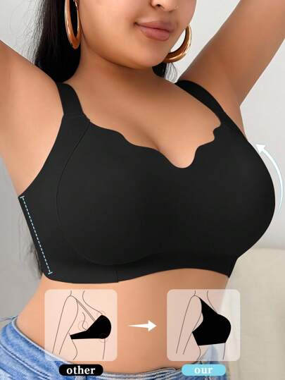 SHEIN Plus Size Wireless Seamless Soft Cup Lift Bra, Comfortable V-Neck Supportive Bra