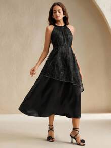 Anewsta Rochie elegantă și la modă, neagră, cu broderie groasă din dantelă, model patchwork, pentru doamne, de vacanță - Negru - Vizualizare 4