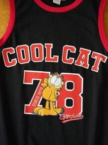 GARFIELD | SHEIN 青少年男孩卡通数字图案拼色休闲运动宽松背心和短裤套装 - 黑色 - 查看 4