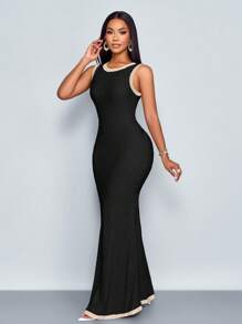 SOLERSUN Women's Slim Fit Round-Neck Color Block Cross-Over Contrast Waist Straps At Back Sexy Graceful Maxi Dress With Color Block Splicing Detail,Casual Resort Style,Suitable For Vacation - Black - View 3