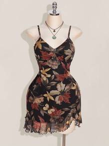 SHEIN ICON Vestido con cuello cuadrado con volantes, estampado de hojas de arce, con abertura frontal, talla grande, adecuado para verano, otoño, vuelta al colegio, vacaciones de verano - Multicolor - Ver 3