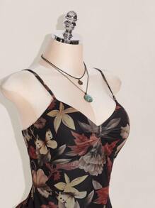 SHEIN ICON Vestido con cuello cuadrado con volantes, estampado de hojas de arce, con abertura frontal, talla grande, adecuado para verano, otoño, vuelta al colegio, vacaciones de verano - Multicolor - Ver 7