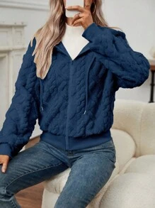 EMERY ROSE Women's Casual Solid Color Textured Fuzzy Zip Up Hooded Jacket Fall Winter Cloth For Women