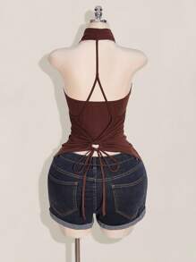 SHEIN ICON 加大码 2 件西方女性外出夏季波西米亚风挂脖棕色露背女式背心和吊带背心