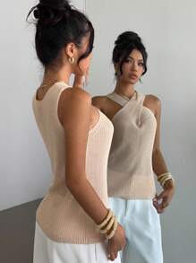 Elenzga Back To School Casual Niche Design Criss-Cross Neck Knit Sweater, Retro Style For Women, Spring/Autumn