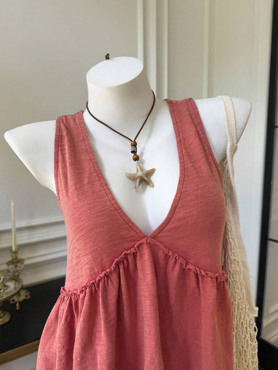 Comfortcana 女式度假休闲针织无袖雪花装饰T恤 - 紅木色 - 查看 1