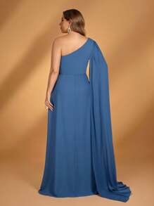 SHEIN Belle Plus Size Summer Elegant Romantic Peacock Blue Chiffon One Shoulder Gathered Swaying Collar Splicing Large Floating Piece Slim A-Line Hem Suitable For Dinner Bachelorette Party Date Holiday Dance Graduation Season Wedding Event Bridesmaid Dress