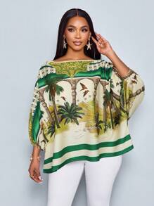 SOLERSUN 女式夏季度假风格不对称领口复古日落假日印花蝙蝠袖不对称下摆衬衫 - 綠色 - 查看 3