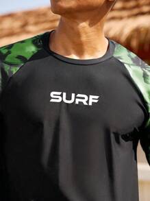 Manfinity Swimmode 2 件套男士字母和棕榈树印花插肩袖泳衣和短裤长袖泳衣男士冲浪服两件套男士泳衣 - 彩色 - 查看 4